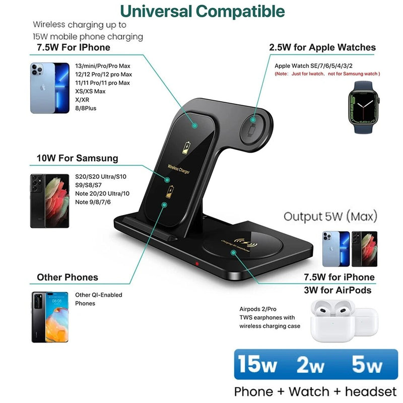 3 in 1 Wireless Charger Stand For iPhone 13 12 11 Max Fast Foldable Charging Station Dock For IWatch 8 7 SE AirPods Pro